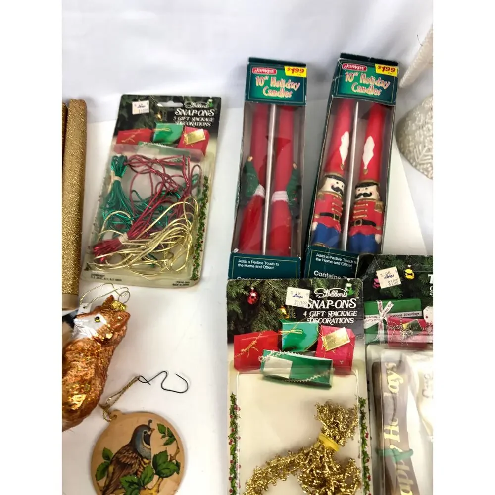 VTG Christmas Decoration Lot Bundle Tablecloth Ornaments Snap-Ons‎ Tie-Ons Decor